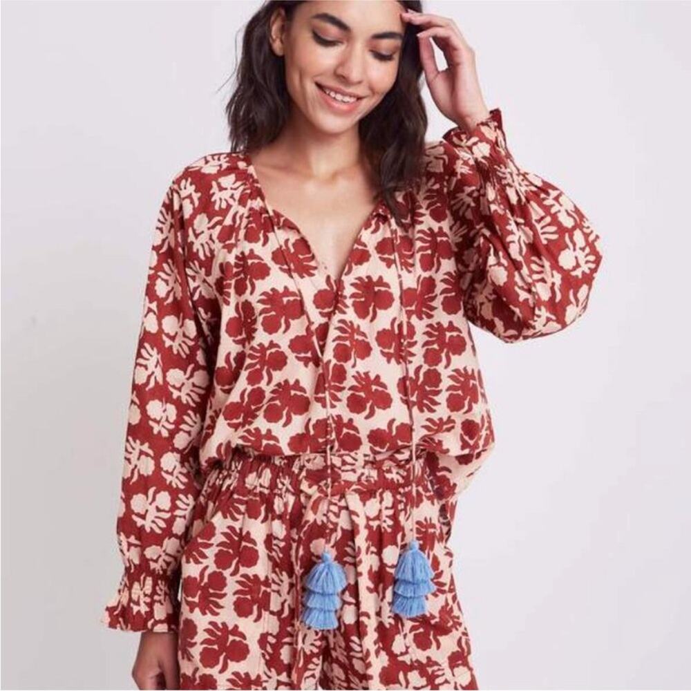 Omika Akola Riviera Floral Printed Cotton Tassel Blouse XS